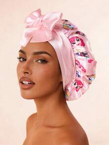 My Little Pony X SHEIN 升级版双层粉色女士护发帽，宽弹力缎面卡通印花睡眠帽，柔软舒适，适合日常居家、睡眠，系带设计 - 粉色 - 查看 2