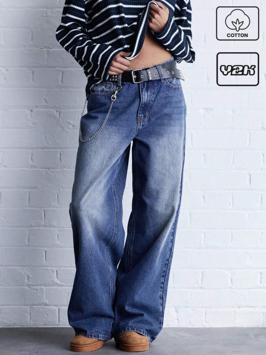 COUREZ Baggy Fit Wide Leg Washed Jeans Y2K Vintage Cotton - Baby Blue - View 1