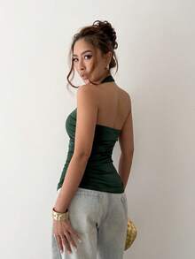 Islaluna 女士新款优雅休闲度假通勤上班姐妹外出购物日常穿搭A款打底绿色吊带金属扣褶皱性感背心演唱会派对上衣沙滩装春夏情人节生日新年穿搭女士嘉年华上衣绿色上衣 - 綠色 - 查看 3