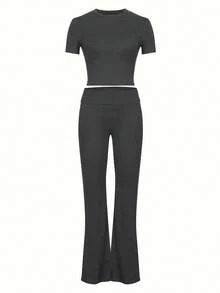 INAWLY Solva 女士簡約純色日常長袖上衣和長褲套裝 - 深灰色 - 查看 6