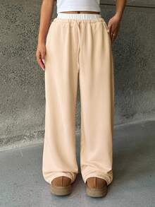 SHEIN Tween Girls' Casual Solid Color Straight Leg Knit Pants - Apricot - View 2