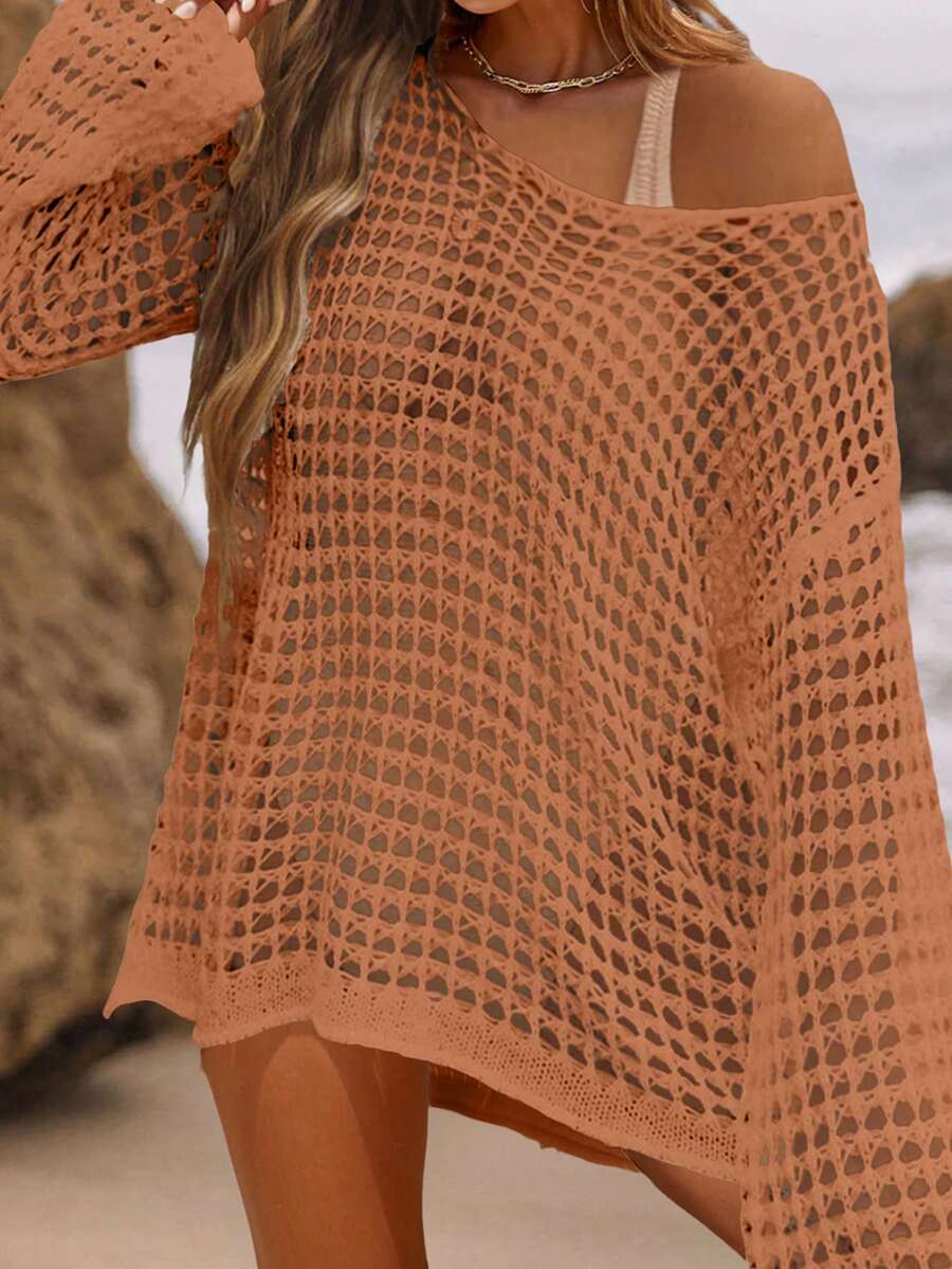 EMERY ROSE Vestido de playa de punto holgado con diseño calado para mujer, ideal para vacaciones y tiempo libre en verano - Naranja Quemada - Ver 1