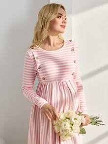 GentleRue Maternity 孕妇条纹圆领休闲哺乳连衣裙，长袖设计，适合日常穿着 - 粉色 - 查看 7