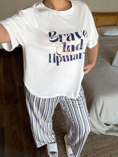 Dazy Plus 大码女式休闲字母印花宽松长袖上衣搭配格子直筒裤睡衣套装，春夏秋季