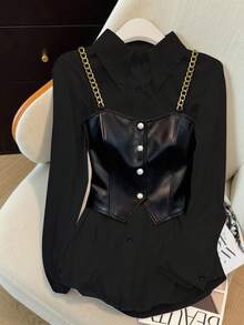 GlowEve CURVE 大码休闲链条装饰二合一长袖衬衫，秋季 - 黑色 - 查看 3