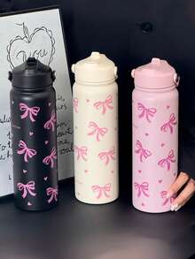 1pc 800ml Large Stainless Steel Insulated Travel Mug With Bow Print - Reusable, Durable Coffee Cup With Portable Handle & Foldable Straw - Perfect For Valentine's Day, Christmas, Graduation, Back To School, Gifts, Daily Use, Office & Outdoor Sports - Multicolor - View 6