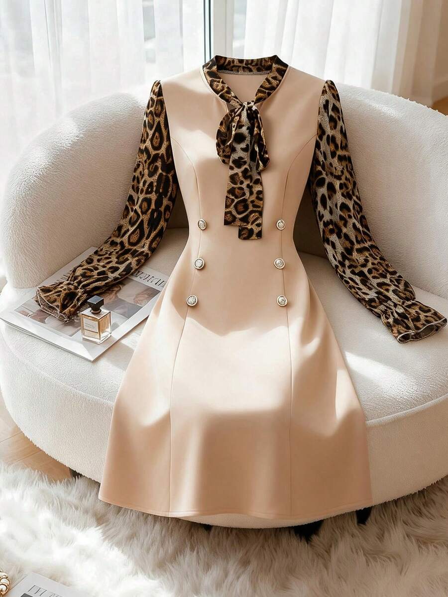 SHEIN Clasi Plus Size Solid Color Patchwork Chiffon Leopard Print Decorative Button Long Sleeve Elegant Business Casual Dress, Autumn/Winter - Multicolor - View 1