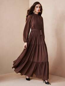 Arave Women's Solid Color Stand Collar Ruched Waist Tie Design Long Sleeve Fashionable Party & Holiday Cake Hem Dress New Year - Brown - View 8