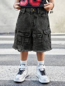 SHEIN Young Boy Street Cool Distressed Vintage Washed Multiple Pockets Ripped Frayed Loose Fit Wide Legs Denim Cargo Shorts,Spring/Summer Streetwear - Black - View 6