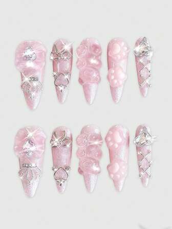 Kawaii 10pcs Cute Style Bear Handmade False Nails + 3pcs Double-Sided Tape, Removable Y2K Bow Hand-Painted Nail Stickers, High-Quality Color Block Nail Art, Suitable For Festival Parties, Dance And Daily Wear ,Pink
