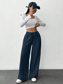 SHEIN Women Solid Color High Waist Straight Pants - Navy Blue - View 4