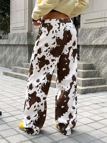 SHEIN EZwear Women's Cow Print Casual Pants: Stylish Woven Fabric Long Pants With Zipper Detail,Country