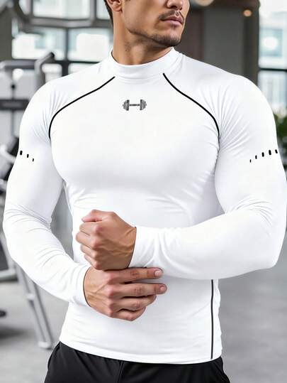 Manfinity Sport PWRUP 男士撞色滚边修身长袖运动T恤 健身服 男士健身服 男士高领压缩衣 压缩衣 健身长袖上衣 男士压缩衣