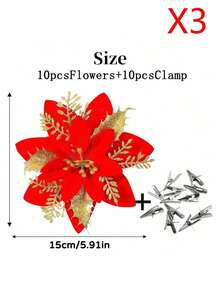 10/20/30PCS Poinsettia Christmas Decorative Flowers (With Clips) – Artificial Red/Gold/Silver Glittery Flowers, Perfect For Christmas Tree/Wreath/DIY Garland/New Year/Wedding/Party Decorations Glittery Poinsettia Christmas Ornaments (1-30PCS, With Clips) – Artificial Red/Gold/Silver Flowers, Ideal For - Red Gold - View 10