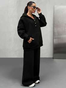 Women Hooded Snapped Detailed Sweatshirt And Wide Leg Loose Fit Sweatpant - Black - View 4