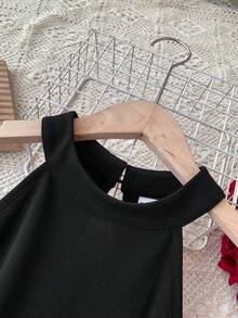 SHEIN Teen Girls Black Knit Halter Neck Sleeveless Cinched Waist A-Line Party Dress, Suitable For Christmas And New Year - Black - View 4