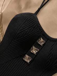 Girls' Knitted Sleeveless Vest,Black Autumn Elegant Party Corset Tops For Teens,Handmade Metal Buckle Twist Cord Ribbed Design Adjustable Camisole - Black - View 7
