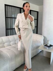 Lavishia Women's Elegant 3 Pieces Suit Set: Blazer,Vest,And Skirt White Summer Classy Formal Outfit For Wedding Guest,Daily Commute,Outing,And Social Events - Beige - View 5
