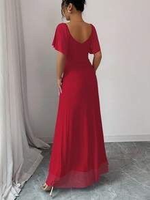 Elenzga 女士浅紫色V领荷叶袖褶裥开衩连衣裙，优雅伴娘礼服，派对礼服，春夏款 - 紅色 - 查看 2