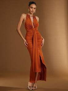 Hauture 金色金属吊带褶皱美人鱼裙摆露背连衣裙，配腰带 - 棕色 - 查看 4