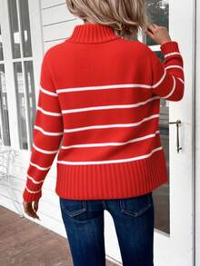 Suéter de manga larga para mujeres - color de choque, hombros caídos, cuello redondo, manga larga, color sólido, ideal para usar en otoño / invierno | regalo de cumpleaños de Navidad - Rojo - Ver 3