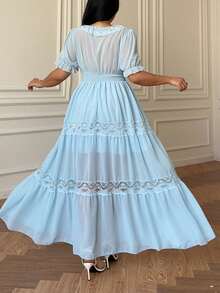 Vibekara Spring, Summer, Fall, Elegant, Vacation French Retro Blue Chiffon Patchwork Lace Trim Tea Length Dress, V-Neck Puff Sleeve Waist Cinched Irregular Hem Party Dress - Blue - View 2