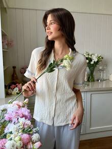 Snug Reverie Elegant Women's Light Blue Summer Pajama Set,Apricot Ruffle Trim Sweetheart Neck Short Sleeve Button Front Textured Cardigan Top And Pants For Sleep - Apricot - View 4