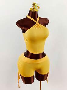 Amplova 2pcs Yellow Heart Sexy Backless Ruched Drawstring Detail Crop Top & Wide Waistband Sexy Set - Yellow - View 6