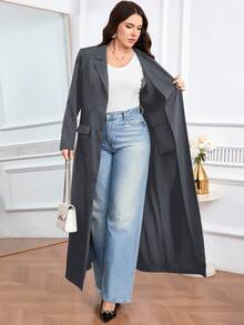 Modelyn 大码休闲百搭纯色长外套 - 深灰色 - 查看 7