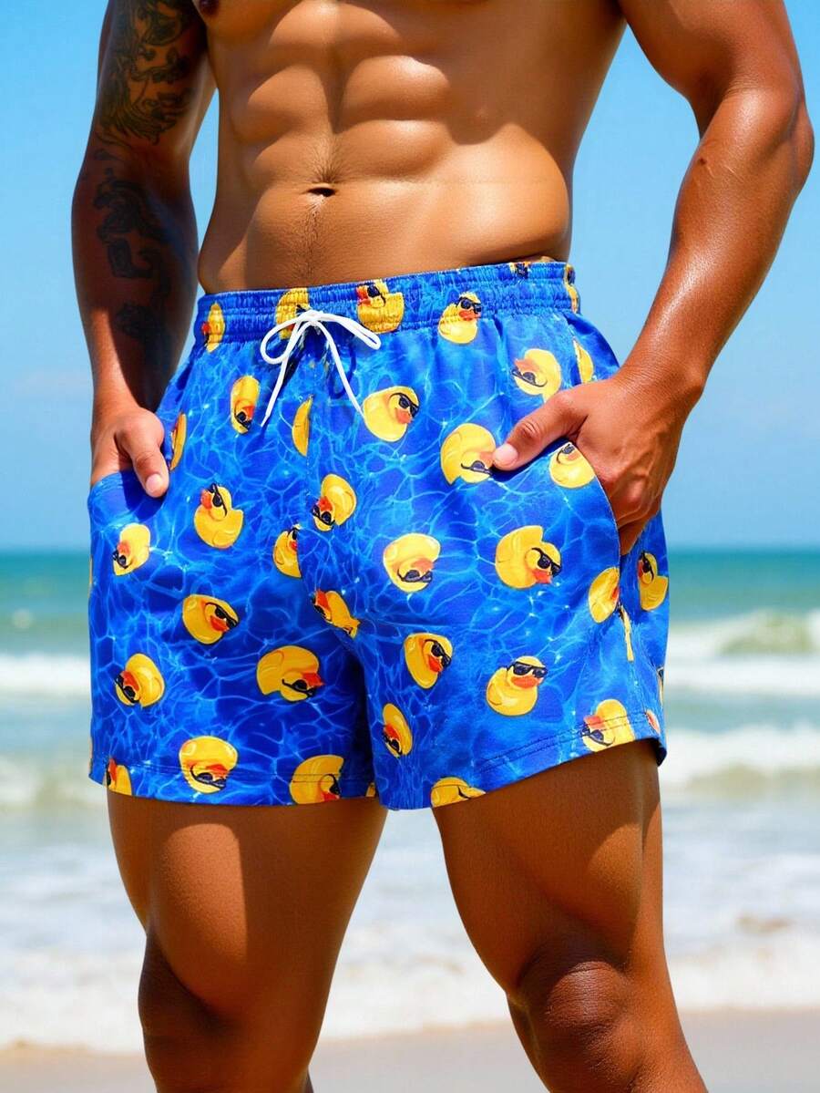 Manfinity Swimmode Men's Cartoon Duck Print Drawstring Waist Pocket Beach Shorts Duck Swim Trunks Mens Swim Trunks Funny Men S Pineapple Swim Trunks Blue Floral Swim Trunks Men Ice Cream Shorts - Royal Blue - View 1
