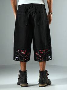 ROMWE MEN Street Life Men's Embroidered Floral 3/4 Denim Shorts - Black - View 3