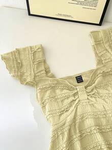 Elamini 女士方领休闲宽松腰部褶皱T恤，春夏款 - 黃色 - 查看 5