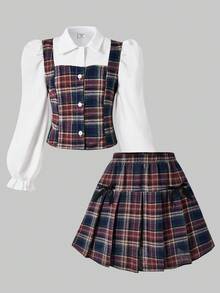 少女格子领泡泡袖开衫搭配松紧腰百褶裙，学院风，适合春、秋、冬季穿着。 - 藍色 - 查看 3