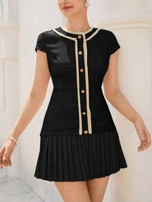 Aveloria Rosie New Elegant Vintage French Style Tweed Patchwork Pleated Metal Button Decor Round Neck Lantern Sleeve Waist Fitted Slim Women Dress - Black - View 5