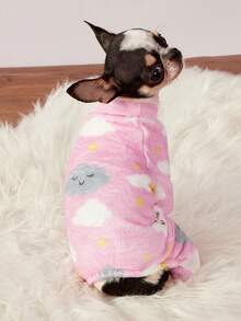 PETSIN 1pc Black And White Cloud Star Print Flannel Pet Jumpsuit Pink Casual Style Autumn And Winter Thick Warm Pet Clothing - Pink - View 3