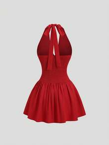 Sweetra Women's Sexy Deep V-Neck Backless Bodycon Mini Dress With Tie Waist And Layered Hem, Romantic Party Cocktail Dress - Red - View 2