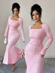 Elenzga Váy đuôi cá bó sát màu hồng họa tiết cổ vuông thời trang xuân hè, co giãn thoải mái, phong cách Pháp lãng mạn, thanh lịch, đa năng, phù hợp mặc đi làm, hẹn hò, thường ngày - Hồng - Xem 1