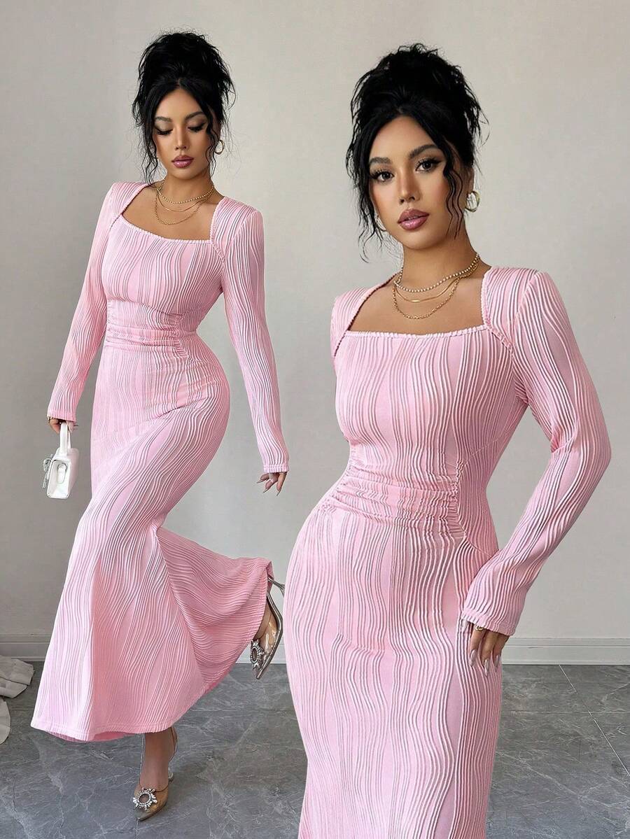 Elenzga Váy đuôi cá bó sát màu hồng họa tiết cổ vuông thời trang xuân hè, co giãn thoải mái, phong cách Pháp lãng mạn, thanh lịch, đa năng, phù hợp mặc đi làm, hẹn hò, thường ngày - Hồng - Xem 1