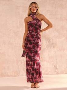 Glamine 网纱印花露背优雅度假风显瘦腰身女士中长连衣裙 - 黑色 - 查看 2