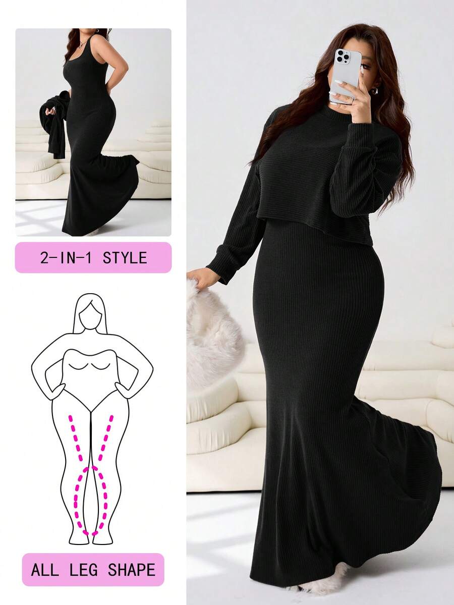 Solflare 一套加大码女式黑色落肩长袖毛衣和无袖针织连衣裙，秋冬季 - 黑色 - 查看 1