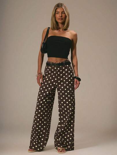 MUSERA Cute Polka Dot Spring Summer Dainty Denim Straight Leg Mid Rise Jeans Ibiza Holiday Casual Back To School Office Work Party Chic