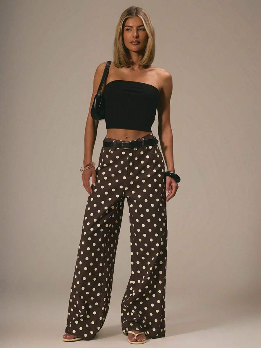 MUSERA Vaqueros rectos de tiro medio, elegantes y casuales con lunares, ideales para primavera y verano, vacaciones en Ibiza, vuelta al colegio, oficina o fiestas - Marrón Chocolate - Ver 1