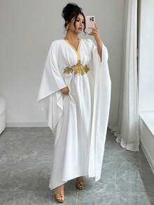 SHEIN Elenzya 金色滚边装饰优雅收腰修身中长连衣裙 - 白色 - 查看 6