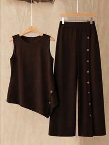 SHEIN LUNE Plus Size Women's Solid Color Button Design Round Neck Tank Top And Wide Leg Pants Casual 2 Piece Set - Brown - View 1