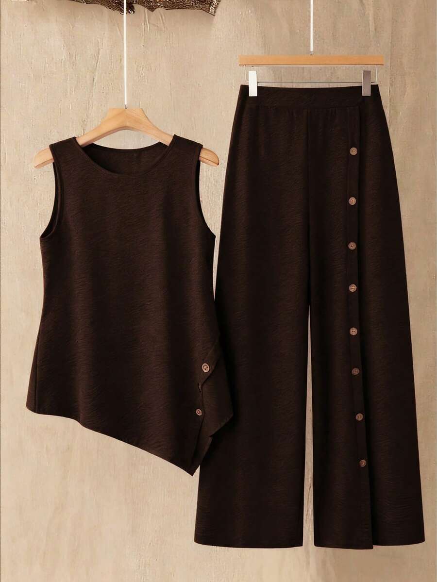 SHEIN LUNE Plus Size Women's Solid Color Button Design Round Neck Tank Top And Wide Leg Pants Casual 2 Piece Set - Brown - View 1
