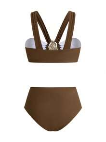 Swim Oasis 3件套女士夏季度假优雅高端金属棕色扭纹紧身迷你裙套装 - 棕色 - 查看 6