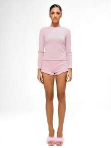 BABYPHAT Pointelle Ribbed Long Sleeve Crew Neck Lounge Top With Lettuce Hem Detail Soft Knit Fitted Casual Comfort Top - Pink - View 6