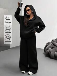Women Hooded Snapped Detailed Sweatshirt And Wide Leg Loose Fit Sweatpant - Black - View 1