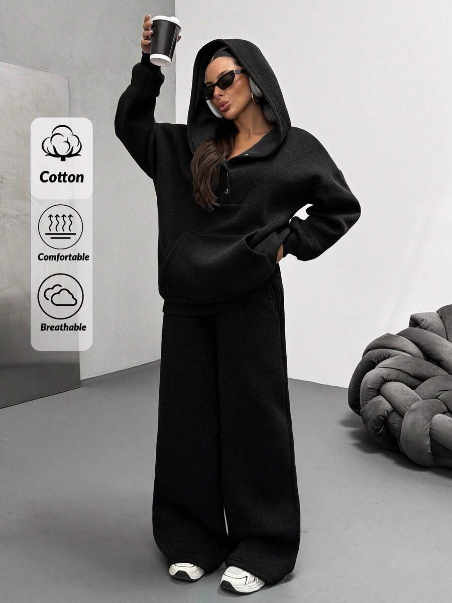 Women Hooded Snapped Detailed Sweatshirt And Wide Leg Loose Fit Sweatpant - Black - View 1
