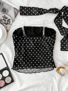 SHEIN Tween Girl Matching Neck Warmer, Bandeau Top, Ruched Waist, Black Base With White Polka Dots